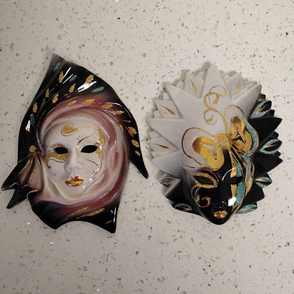 Vintage Venetian Ceramic Wall Mask Set of 2